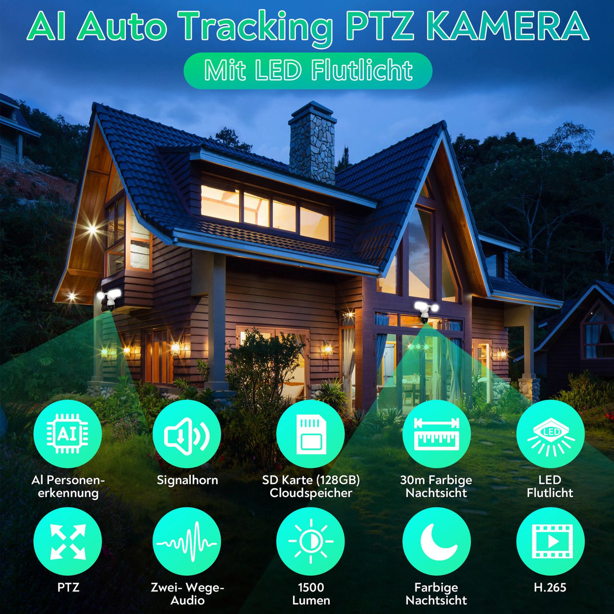 LUVISION LED Flutlicht PTZ WLAN Überwachungskamera mit Bewegungsverfolgung Lampe AI Auto Tracking 230V (Versandrückläufer)