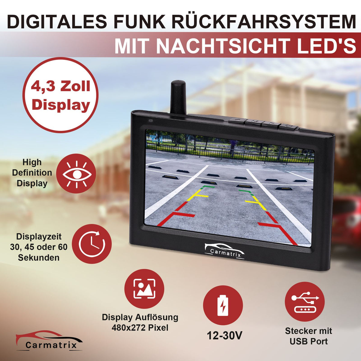CARMATRIX Wireless Digital Reversing Camera in License Plate Holder with 4.3" Monitor Night Vision LEDs (without Solar)