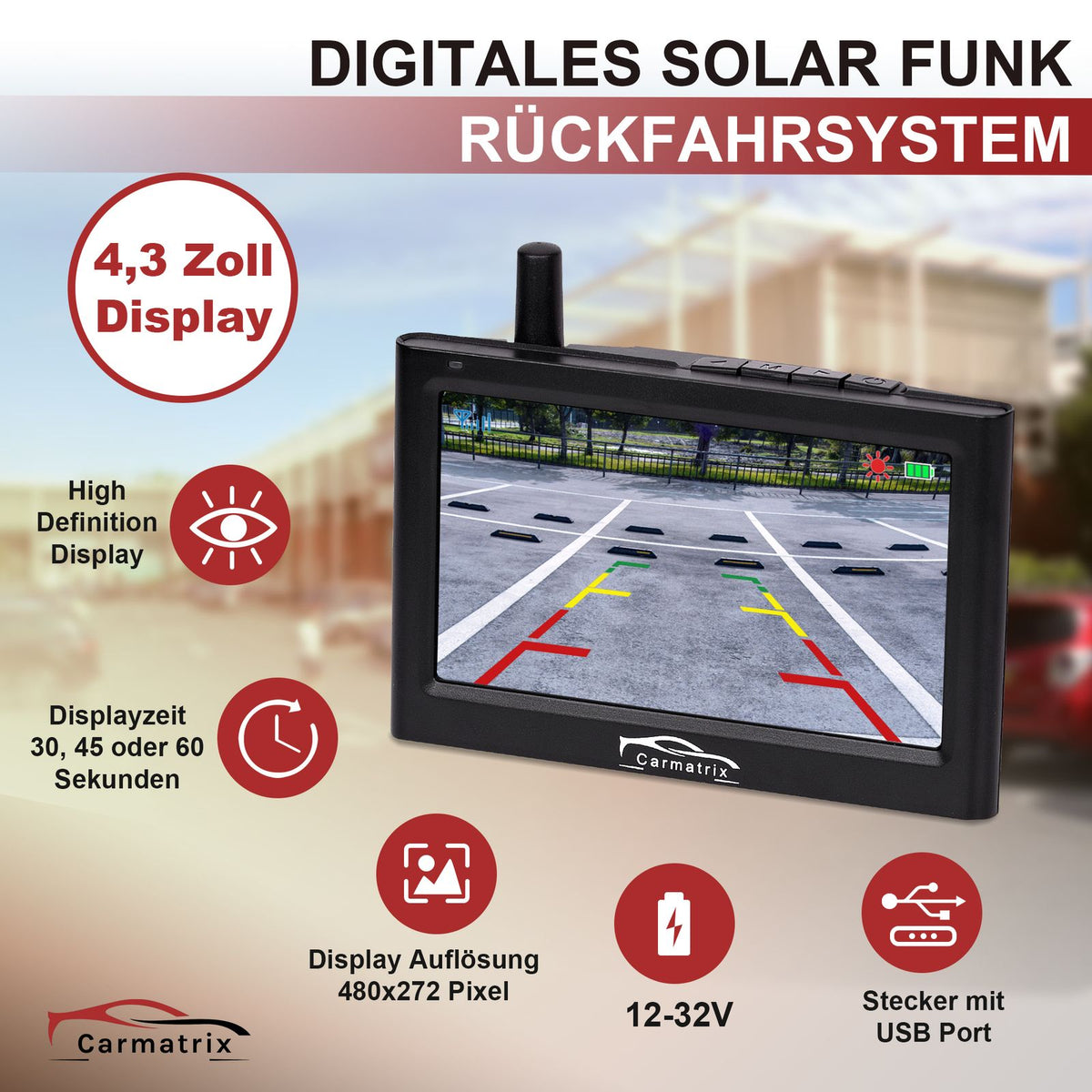 CARMATRIX Solar Funk Rückfahrkamera im Kennzeichen mit Monitor Rückfahrsystem Auto