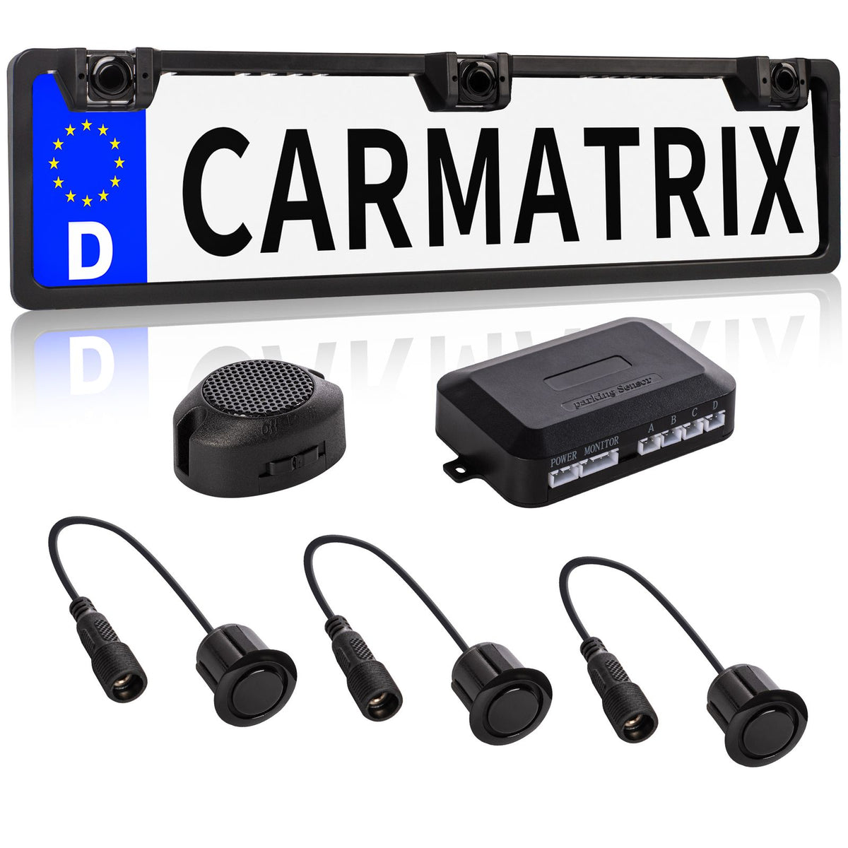 CARMATRIX Einparkhilfe Kfz-Kennzeichen Nummernschild mit drei PDC Sensoren KFZ mit Summer Ton