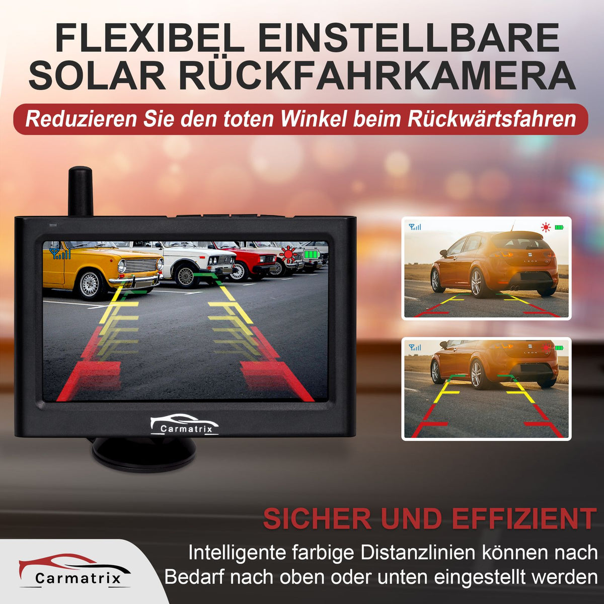CARMATRIX Solar Funk Rückfahrkamera im Kennzeichen mit Monitor Rückfahrsystem Auto