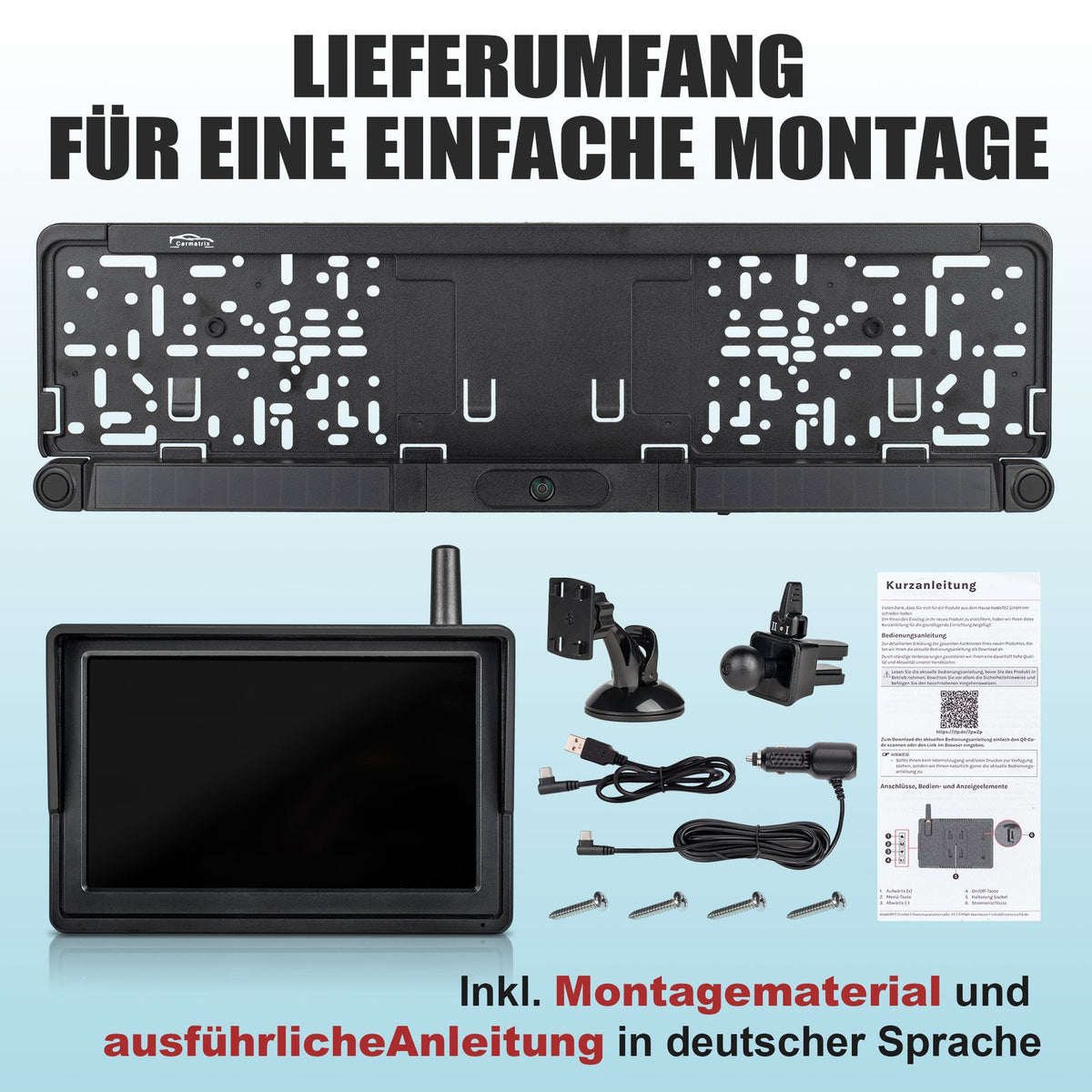 CARMATRIX Solar Funk Rückfahrsystem HD Rückfahrkamera im Nummernschild mit 2 PDC Sensoren Solarpanel