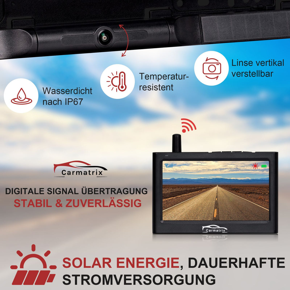 CARMATRIX Solar Funk Rückfahrkamera im Kennzeichen mit Monitor Rückfahrsystem Auto