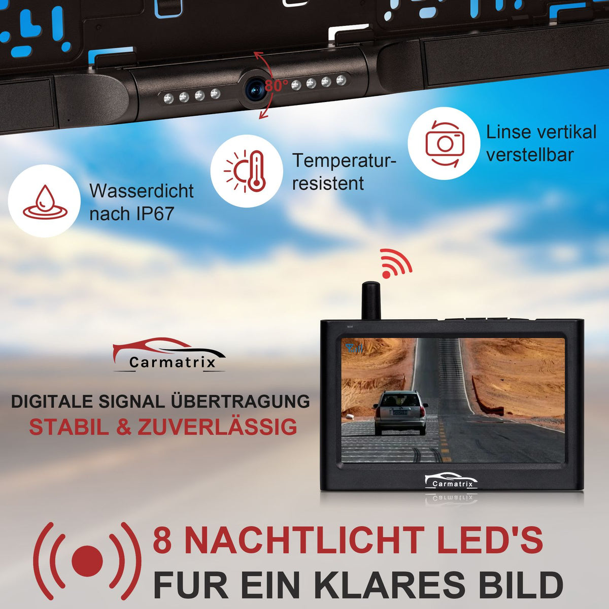 CARMATRIX Wireless Digital Reversing Camera in License Plate Holder with 4.3" Monitor Night Vision LEDs (without Solar)