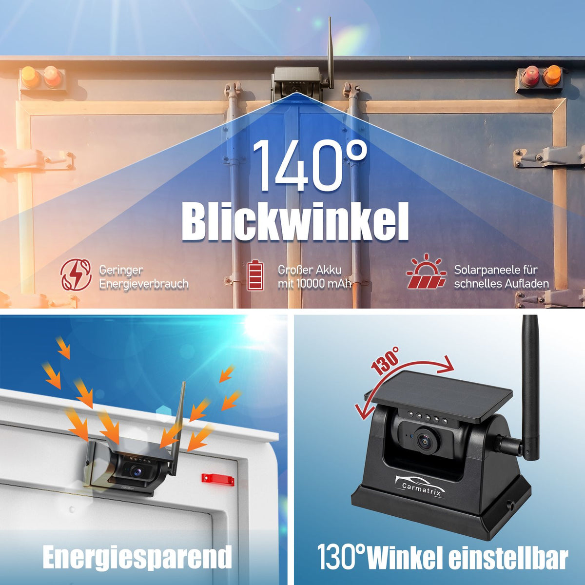 CARMATRIX Solar Rückfahrsystem mit 7" Monitor Rückfahrkamera mit Magnet Akku für Wohnmobil, Wohnwagen, Transporter