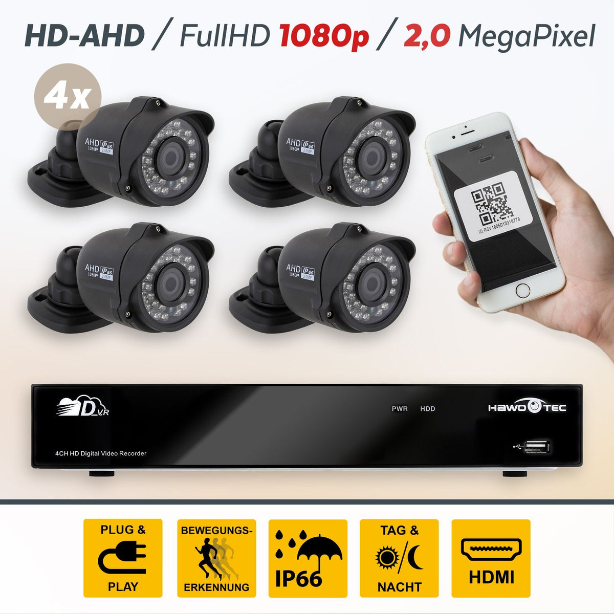 Full HD AHD 4 Kanal P2P Videoüberwachungssystem Komplettsystem Echtzeit 1080p HDMI
