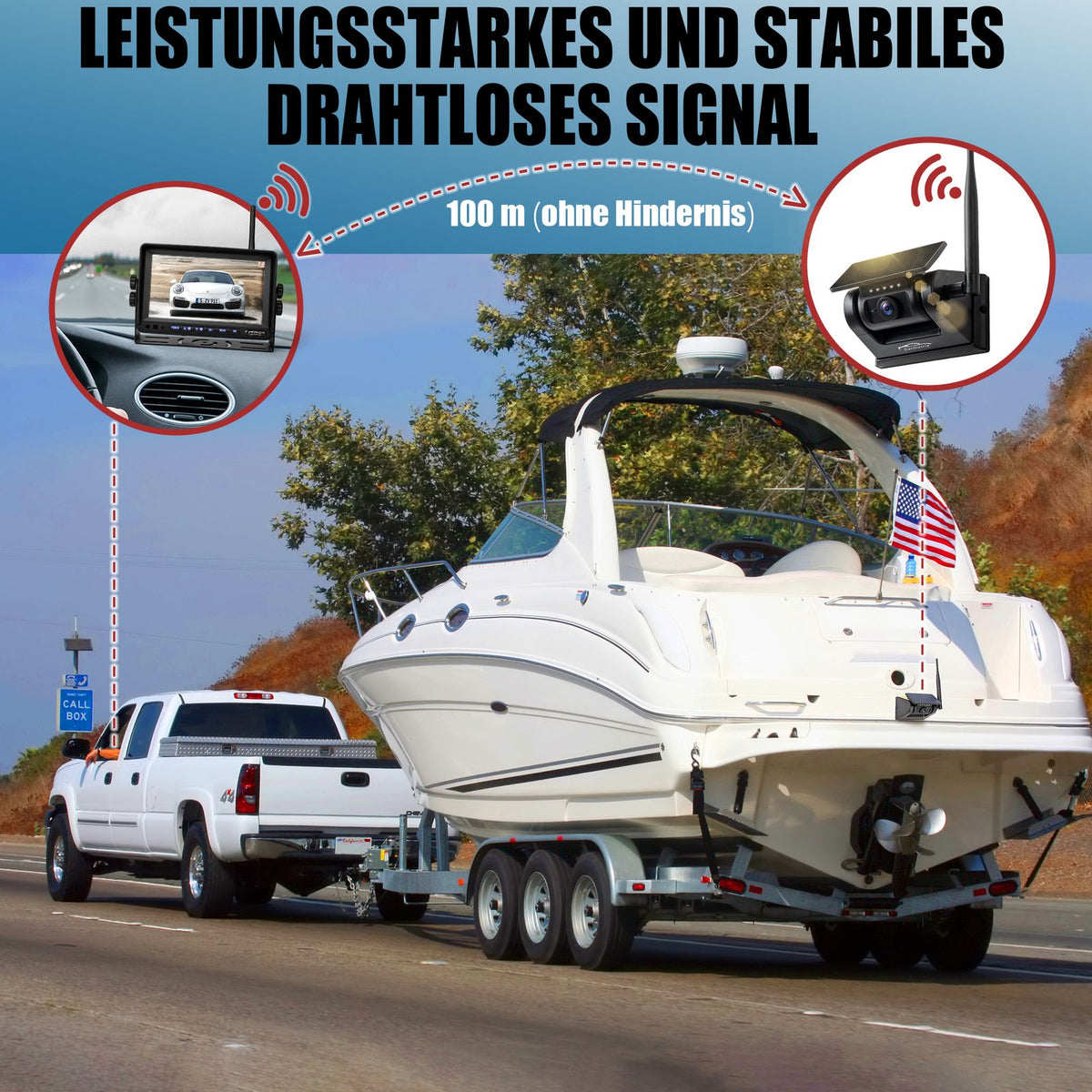 CARMATRIX Solar Rückfahrsystem mit 7" Monitor Rückfahrkamera mit Magnet Akku für Wohnmobil, Wohnwagen, Transporter