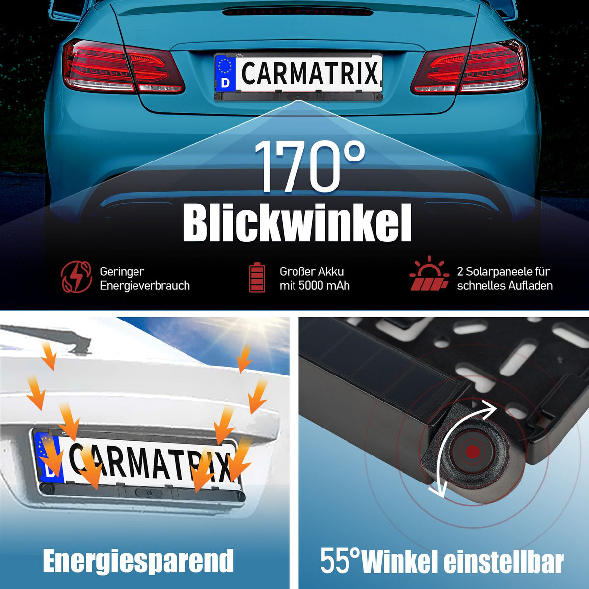 CARMATRIX Solar Funk Rückfahrsystem HD Rückfahrkamera im Nummernschild mit 2 PDC Sensoren Solarpanel
