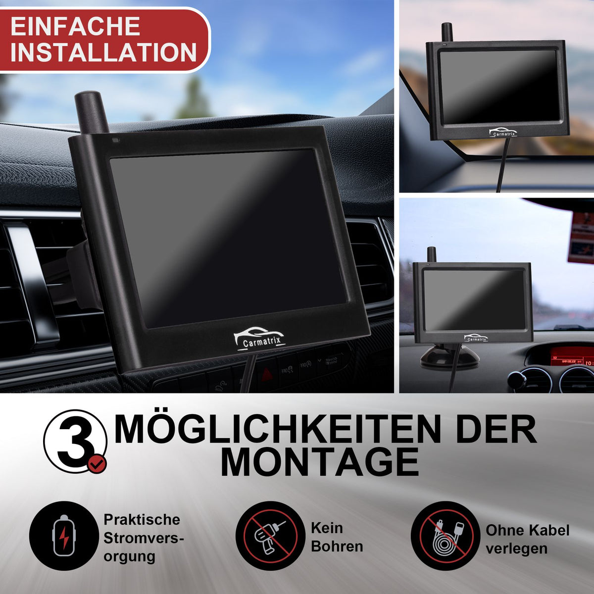 CARMATRIX Funk Rückfahrkamera Digital im Nummernschildhalter mit 4,3" Monitor Nachtsicht LED's (Versandrückläufer)