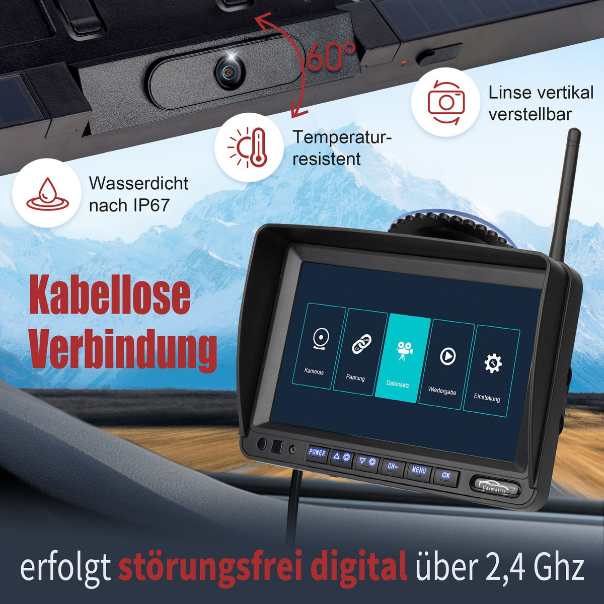 CARMATRIX DUO Solar Rückfahrsystem 7" Monitor HD Einparkhilfe für Wohnmobil, Nutzfahrzeug, Transporter