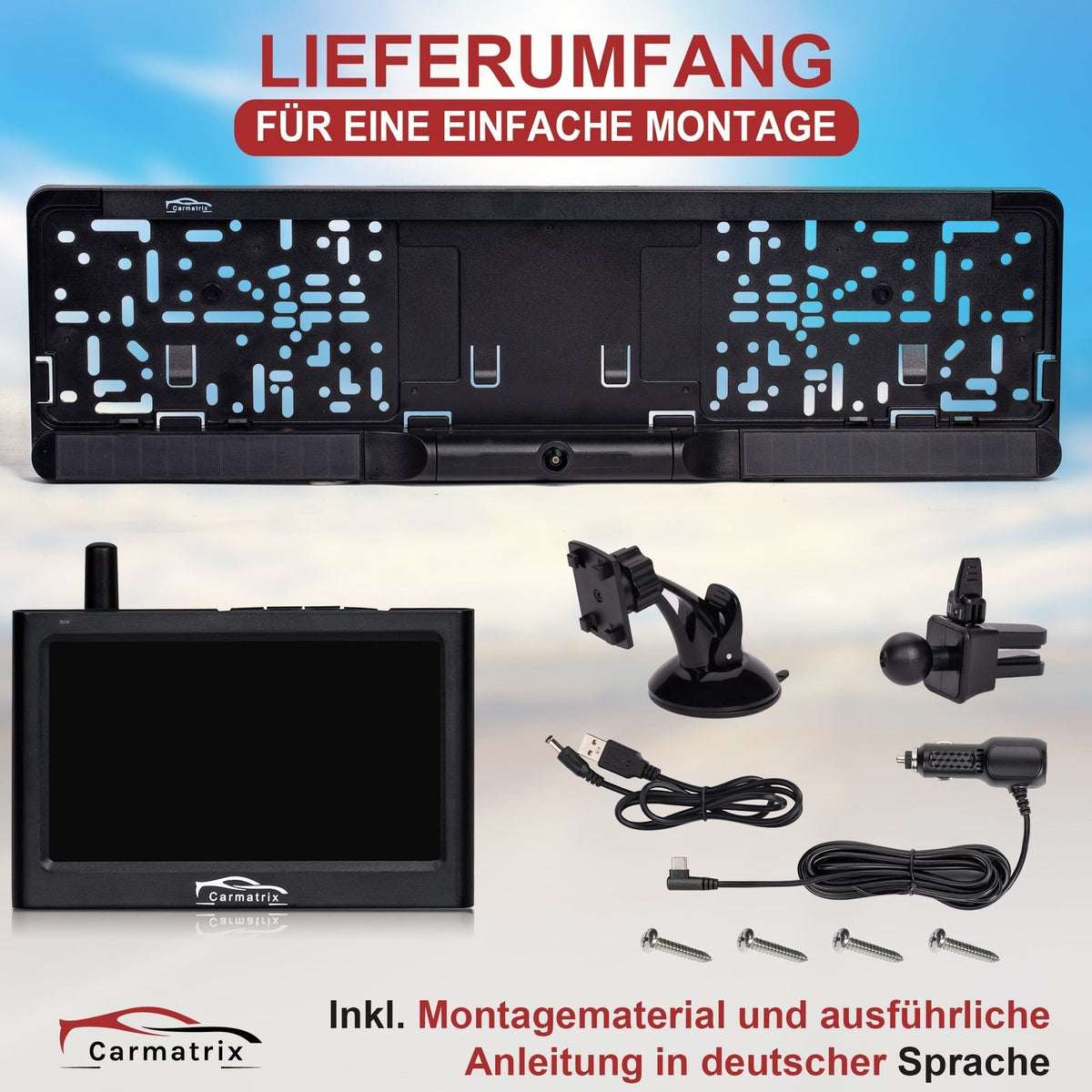 CARMATRIX Solar Funk Rückfahrkamera im Kennzeichen mit Monitor Rückfahrsystem Auto