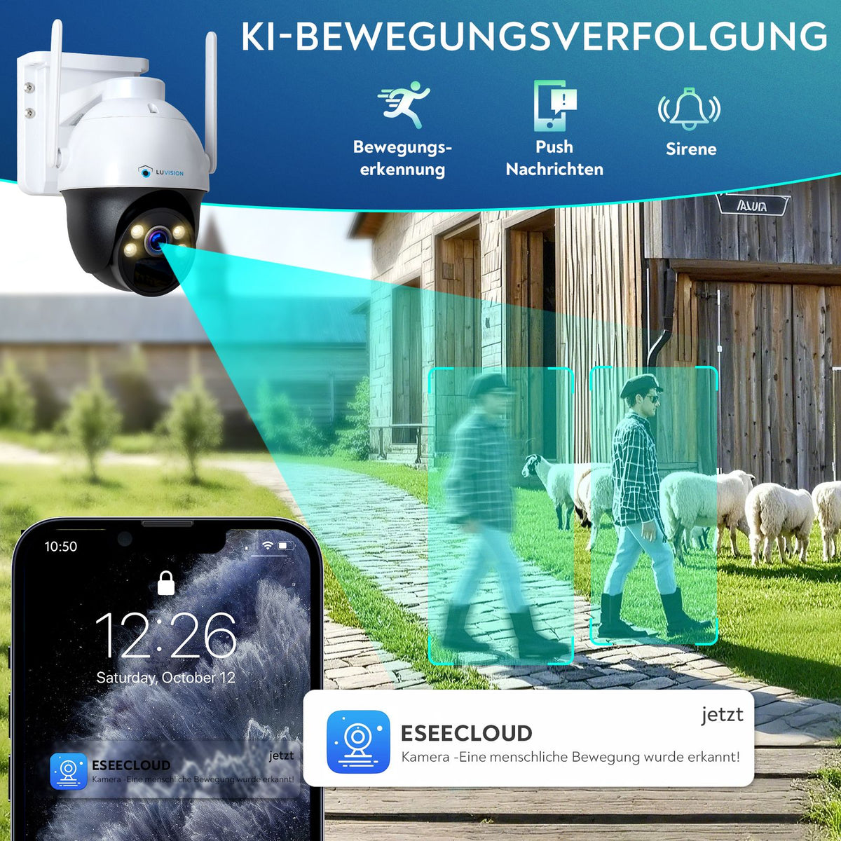 LUVISION 4G / LTE PTZ Solar Überwachungskamera 4MP mit SIM Karte KI Bewegungsverfolgung