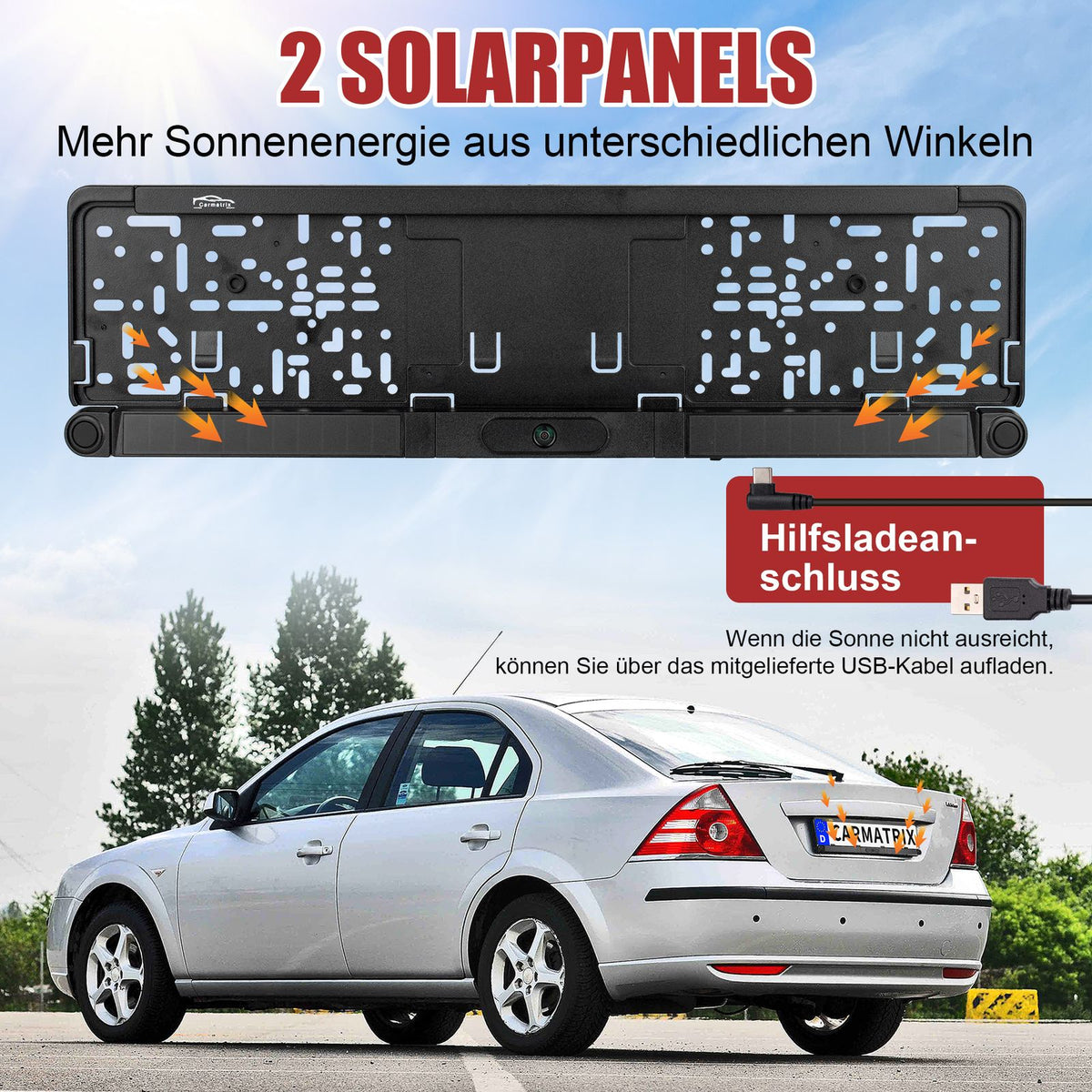 CARMATRIX Solar Funk Rückfahrsystem HD Rückfahrkamera im Nummernschild mit 2 PDC Sensoren Solarpanel