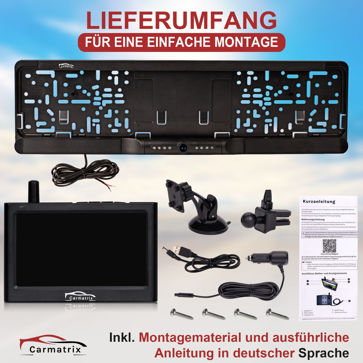 CARMATRIX Funk Rückfahrkamera Digital im Nummernschildhalter mit 4,3" Monitor Nachtsicht LED's (Versandrückläufer)
