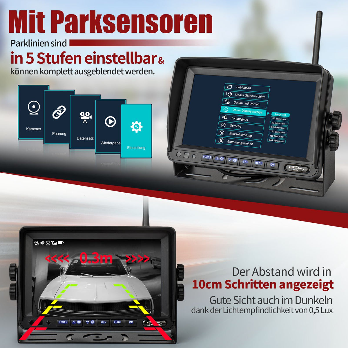 CARMATRIX Solar Rückfahrsystem 7" IPS-HD Monitor Rückfahrkamera für Wohnmobil, Wohnwagen, Transporter