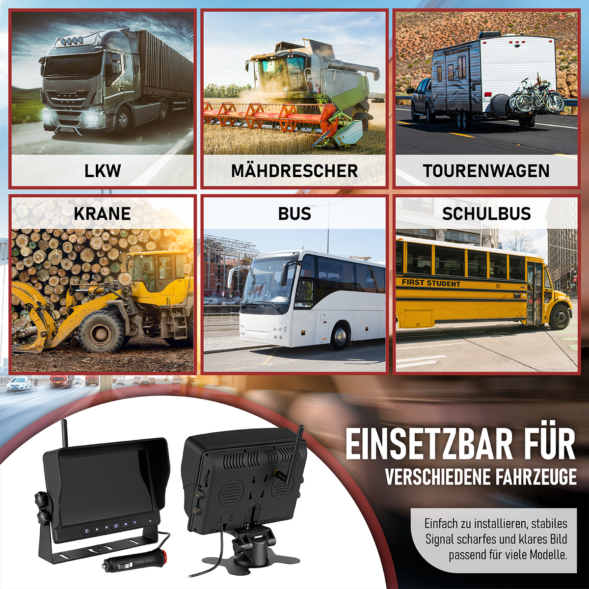 CARMATRIX HD Funk Rückfahrsystem Digital für LKW Wohnmobil Auto Transporter 7" Monitor mit Aufnahmefunktion, Mikrofon