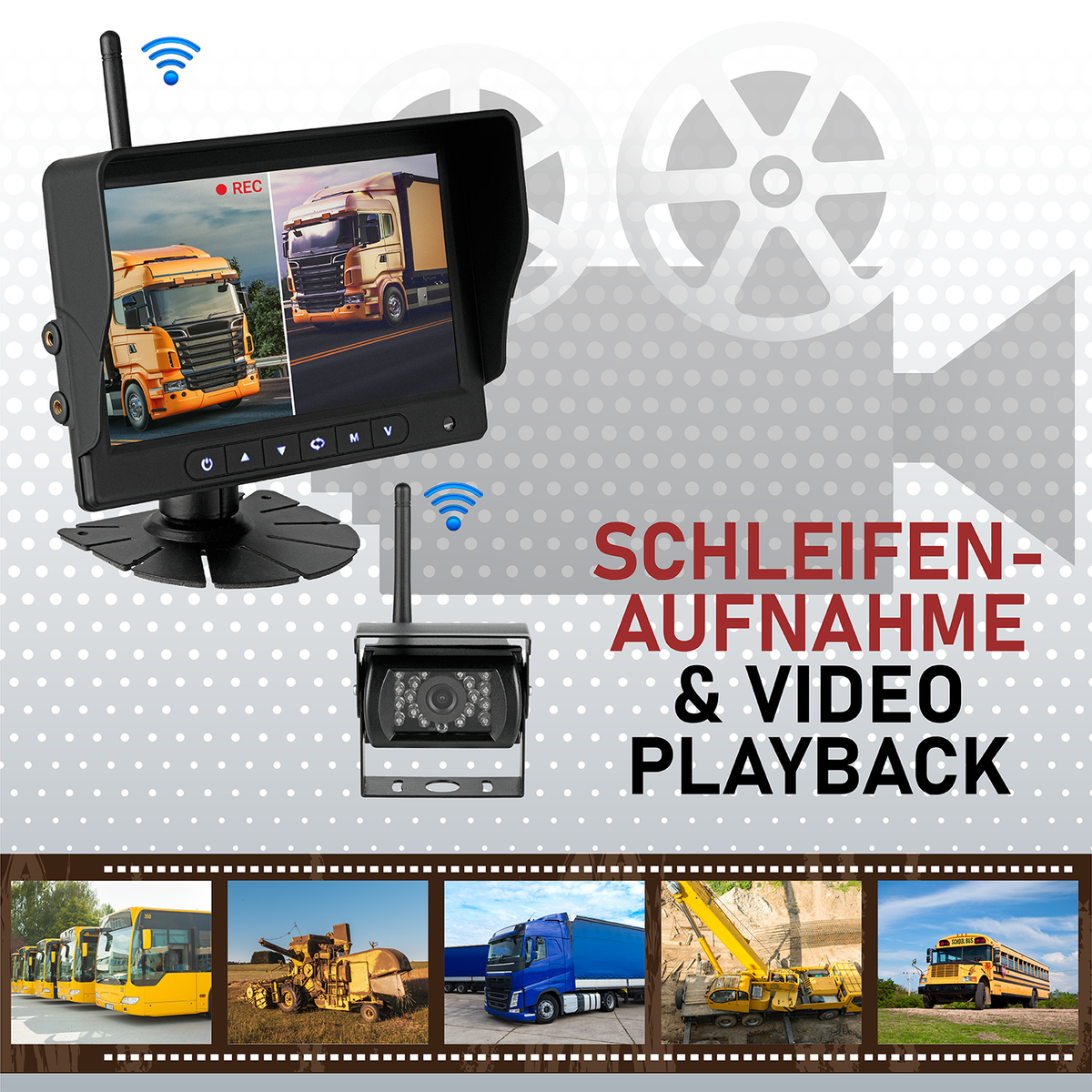 CARMATRIX AHD QUAD DVR 4 Kanal Funk Rückfahrsystem Digital Auto Wohnmobil Monitor mit Mikrofon (4 Kameras)