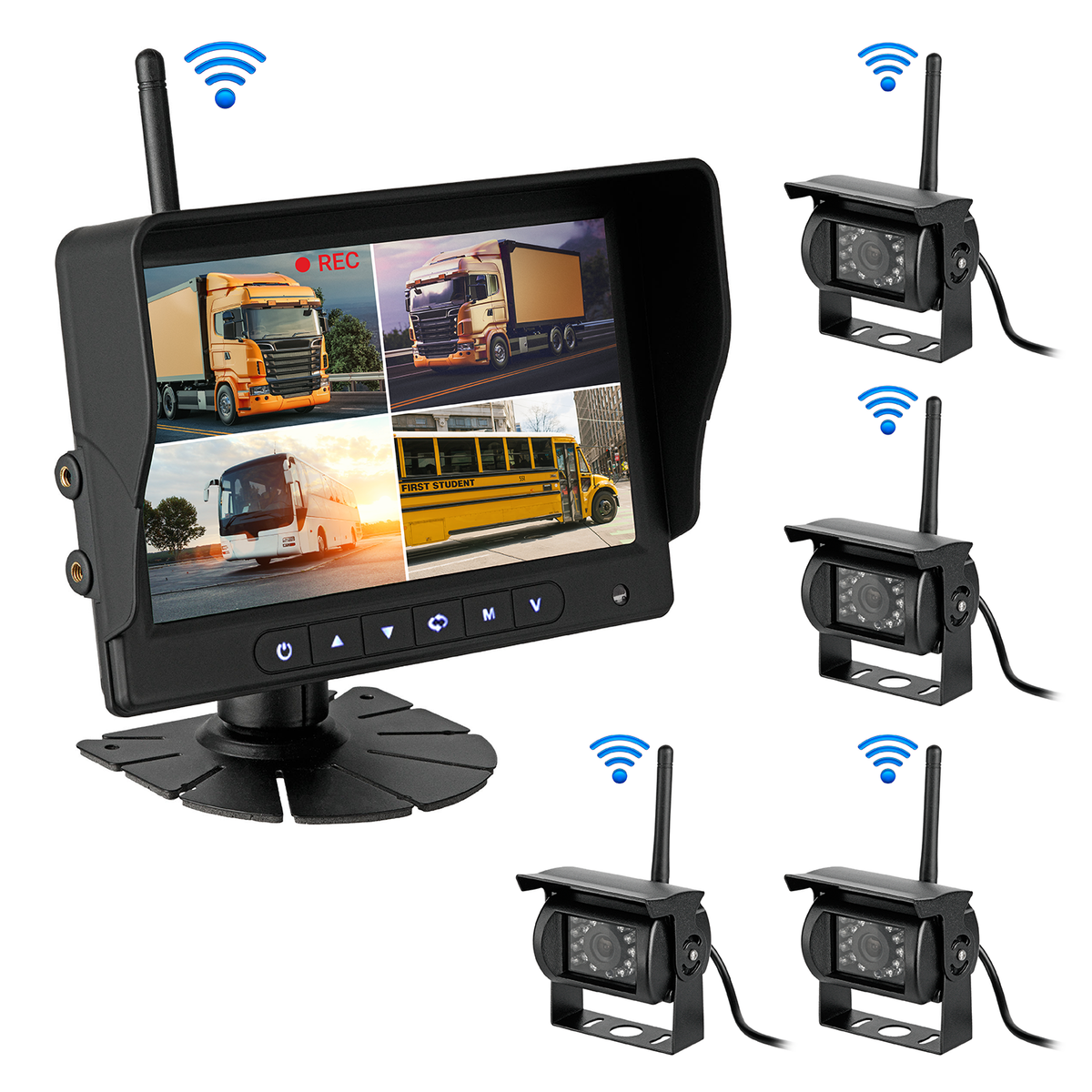 CARMATRIX AHD QUAD DVR 4 Kanal Funk Rückfahrsystem Digital Auto Wohnmobil Monitor mit Mikrofon (4 Kameras)