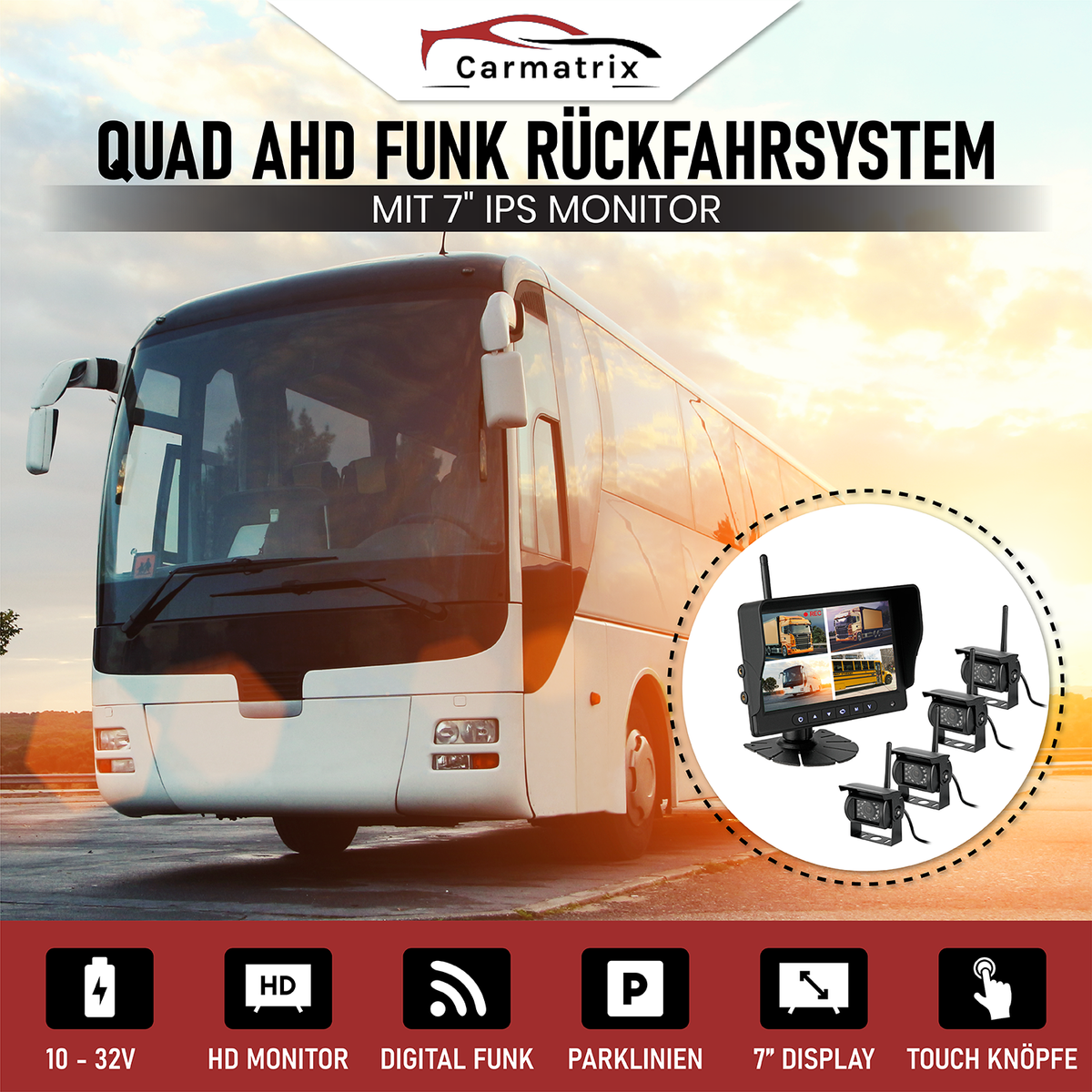 CARMATRIX HD Funk Rückfahrsystem Digital für LKW Wohnmobil Auto Transporter 7" Monitor mit Aufnahmefunktion, Mikrofon