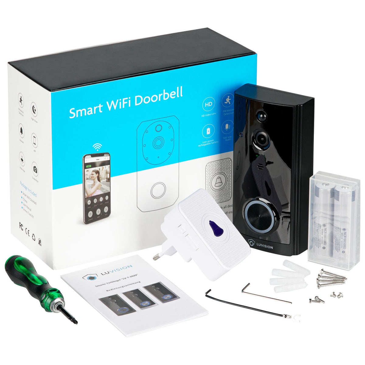 LUVISION WLAN Wireless Video Doorbell with Camera Tuya App Compatible Alexa Show Door Chime Black