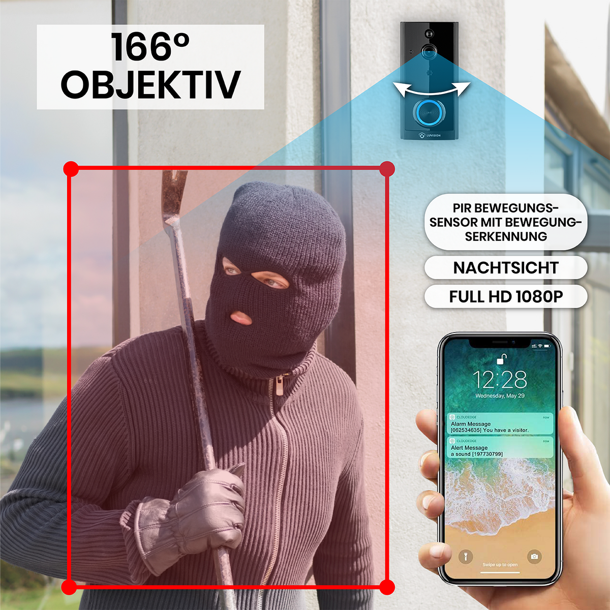 LUVISION WLAN Wireless Video Doorbell with Camera Tuya App Compatible Alexa Show Door Chime Black
