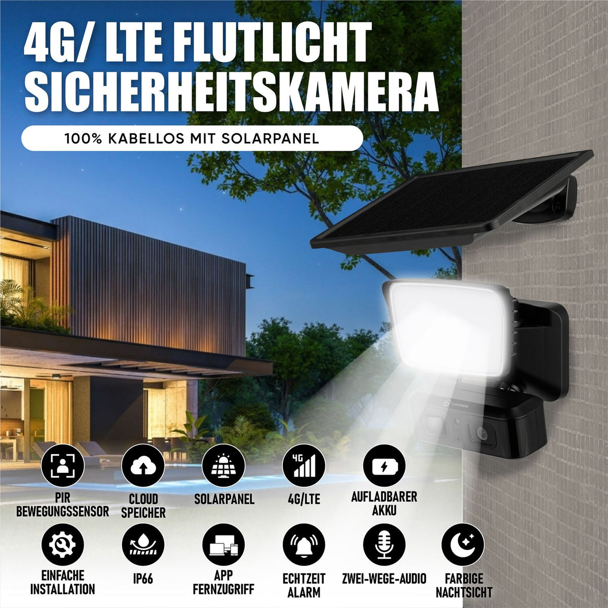 LUVISION 4G / LTE Solar Outdoor Light Floodlight with Camera Solar Lamp for Garden with PIR Motion Detection