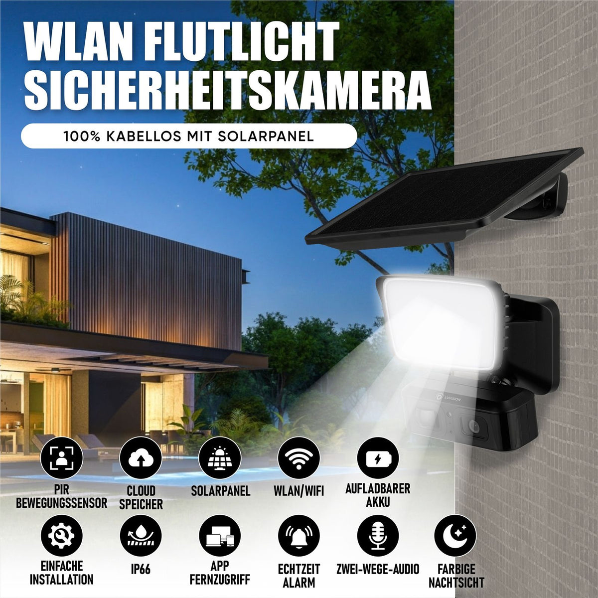 LUVISION WLAN LED Floodlight Solar Lamp with Surveillance Camera and Motion Detector