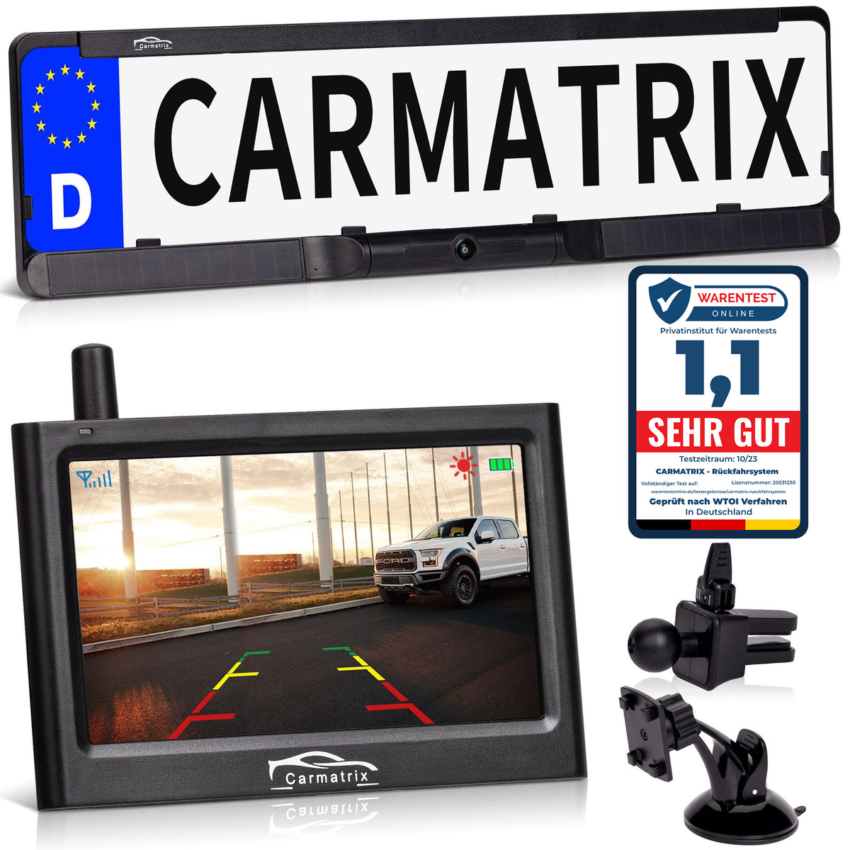CARMATRIX Solar Funk Rückfahrkamera im Kennzeichen mit Monitor Rückfahrsystem Auto