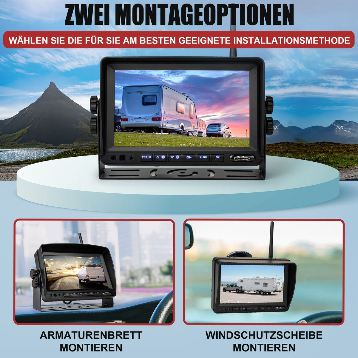 CARMATRIX DUO Solar Rückfahrsystem 7" Monitor HD Einparkhilfe für Wohnmobil, Nutzfahrzeug, Transporter