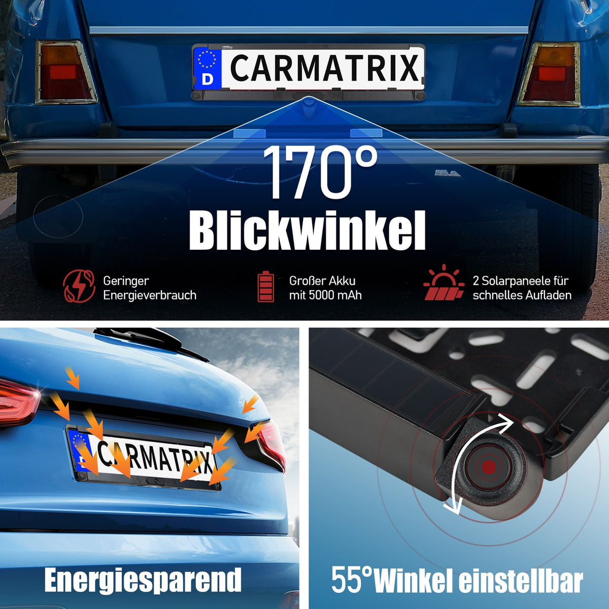CARMATRIX Solar Rückfahrsystem 7" IPS-HD Monitor Rückfahrkamera für Wohnmobil, Wohnwagen, Transporter