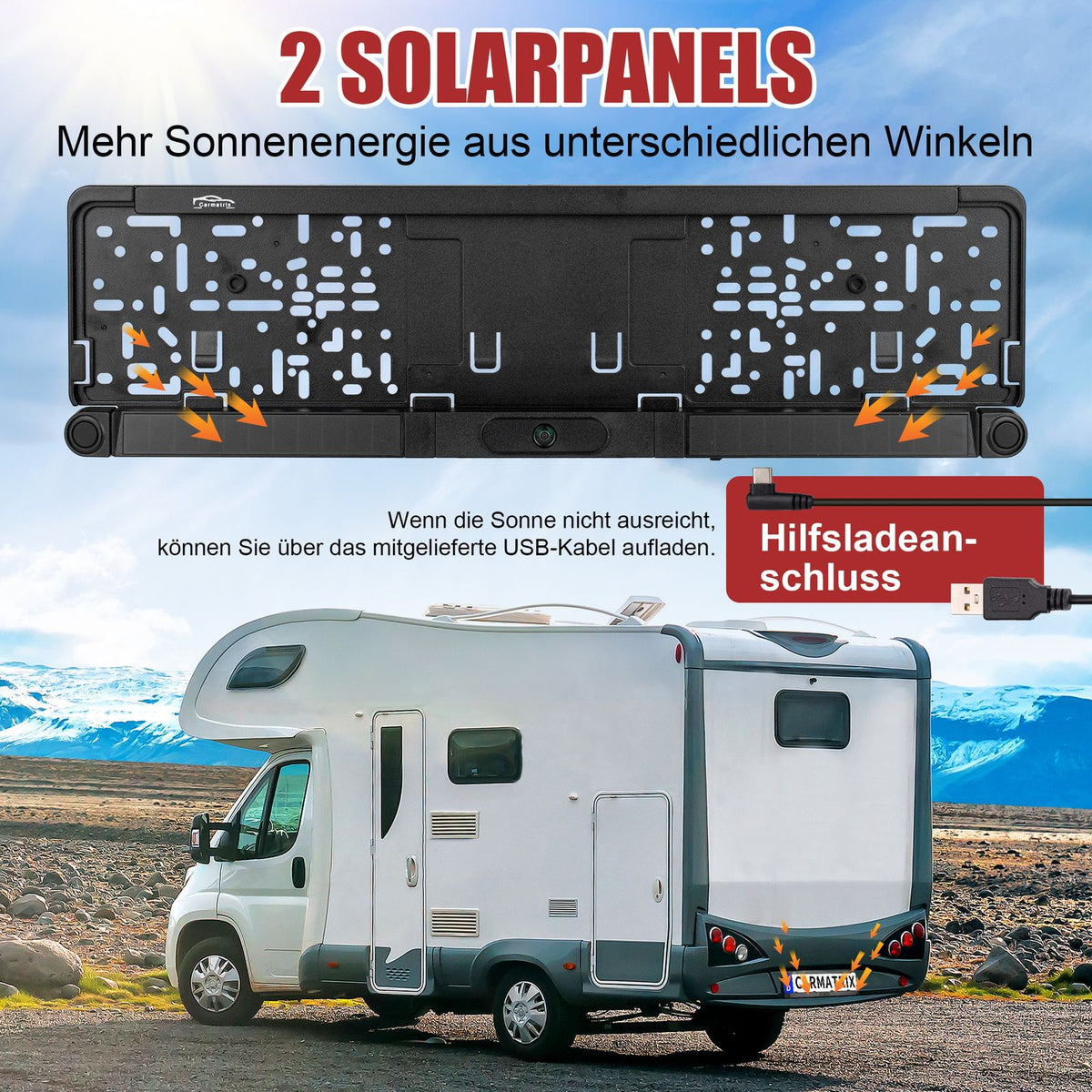 CARMATRIX Solar Rückfahrsystem 7" IPS-HD Monitor Rückfahrkamera für Wohnmobil, Wohnwagen, Transporter