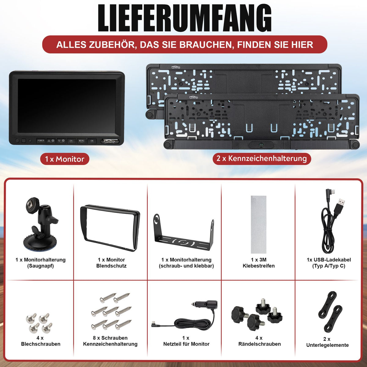 CARMATRIX DUO Solar Rückfahrsystem 7" Monitor HD Einparkhilfe für Wohnmobil, Nutzfahrzeug, Transporter