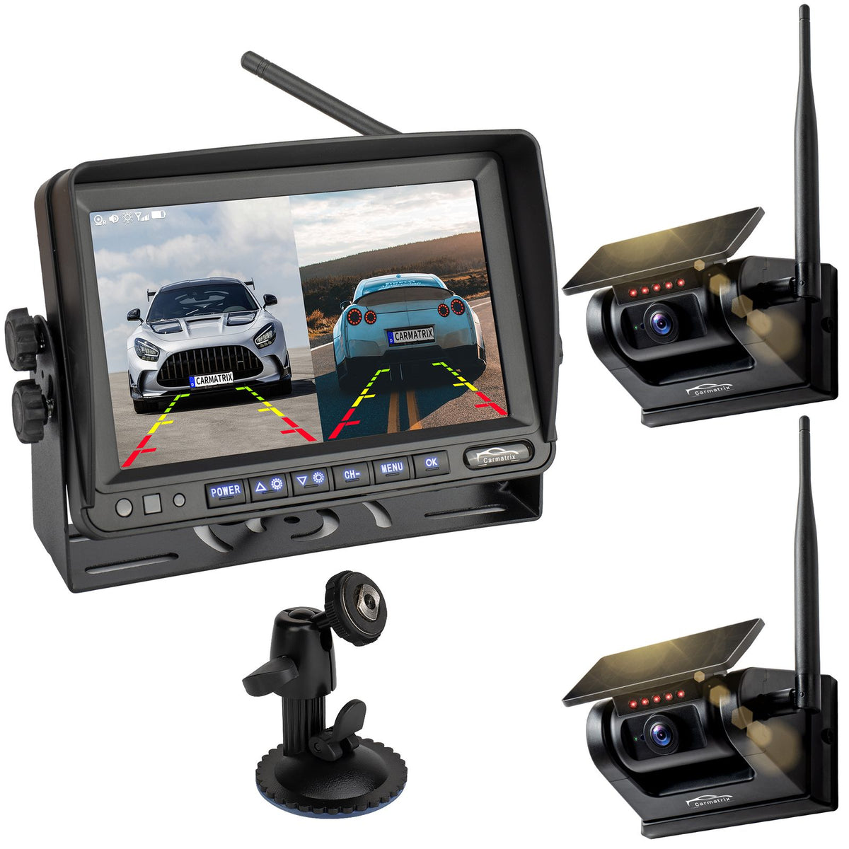 CARMATRIX Solar Reversing System 7" Monitor Magnetic Reversing Camera with Battery for RV, Truck, Van