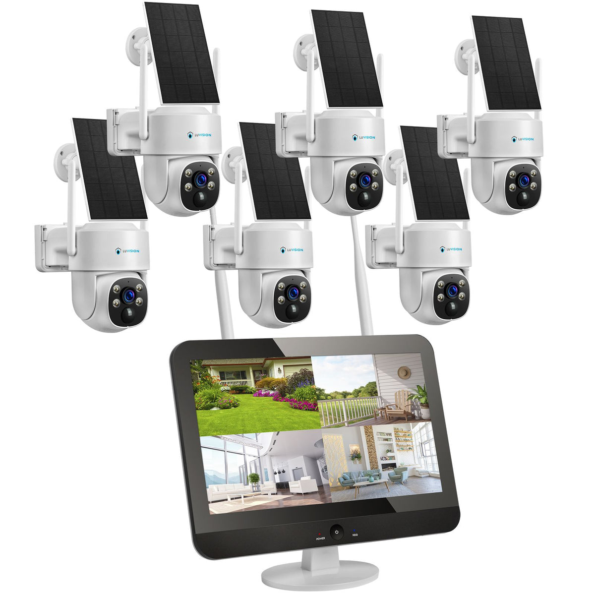 LUVISION Dual WiFi PTZ Surveillance System with LED Monitor, 4MP Solar PTZ Surveillance Camera, Microphone, Siren, Smart Night Vision