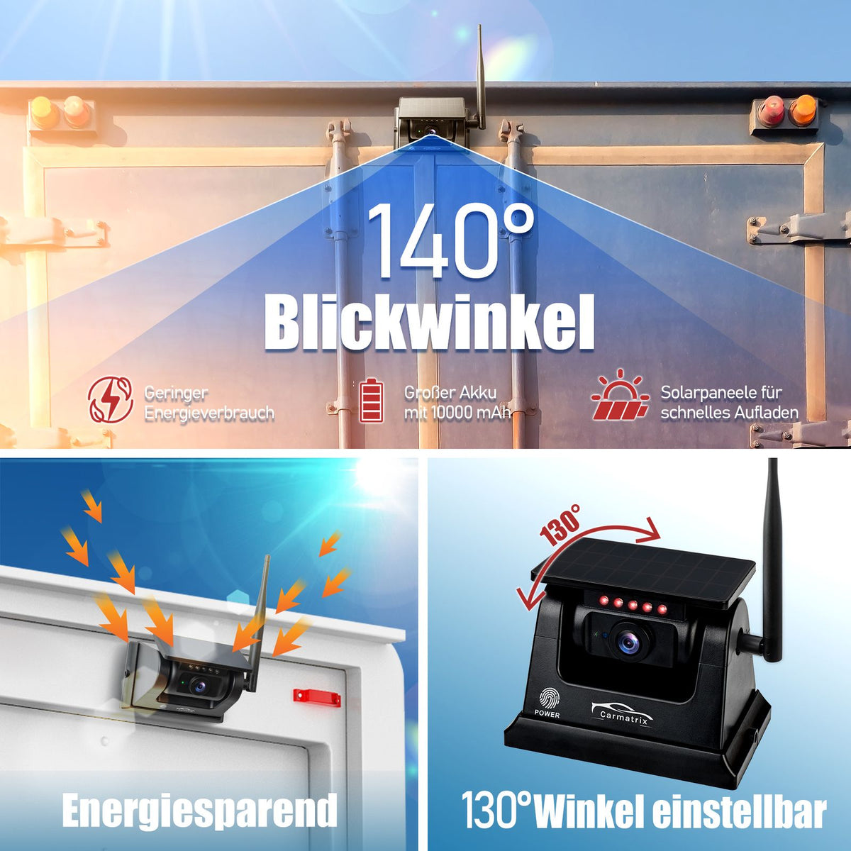 CARMATRIX Funk WLAN Solar Rückfahrkamera mit Magnet KI Personenerkennung mit APP (Versandrückläufer)
