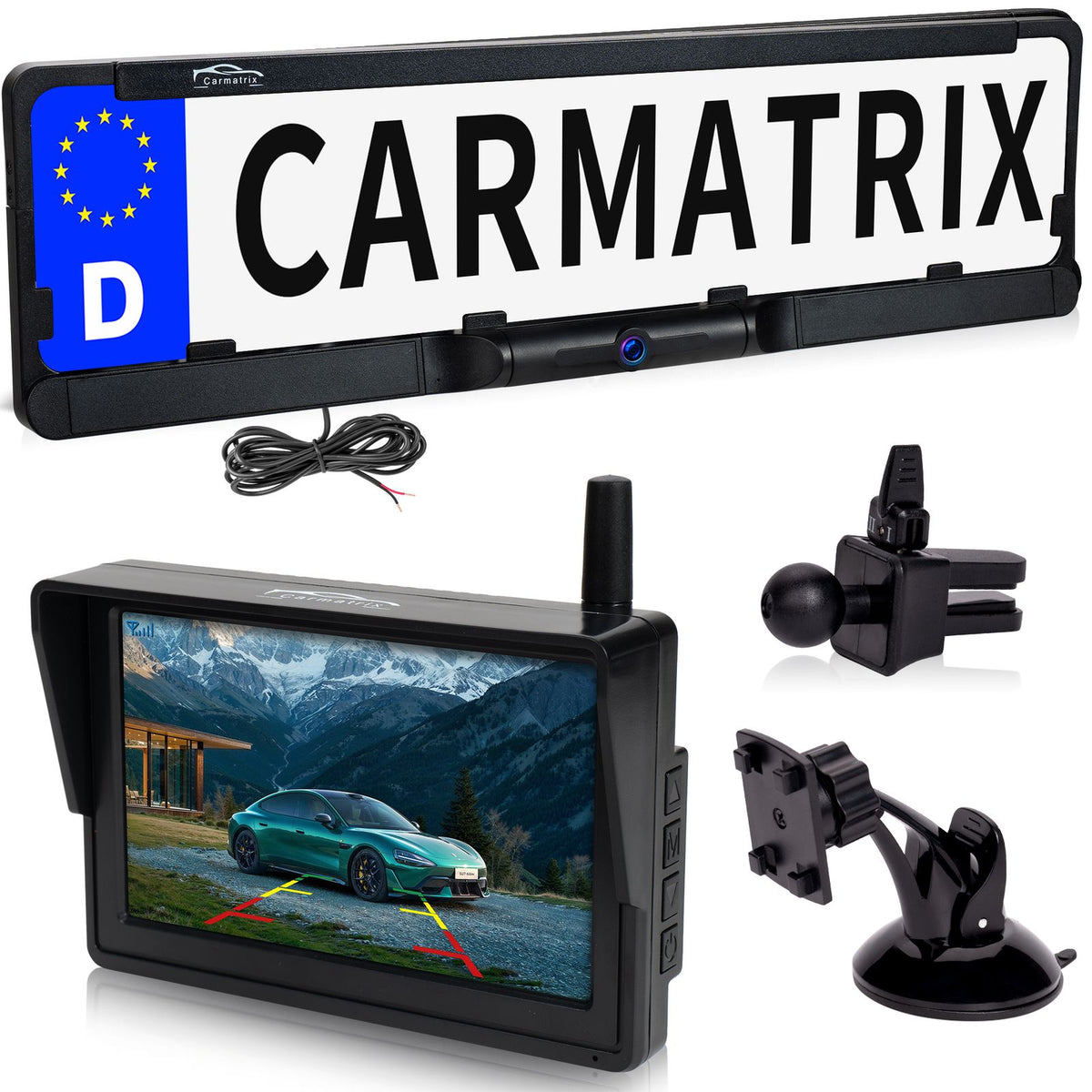 CARMATRIX HD Funk Rückfahrsystem mit 5" Monitor Nummernschild für EU & Österreich