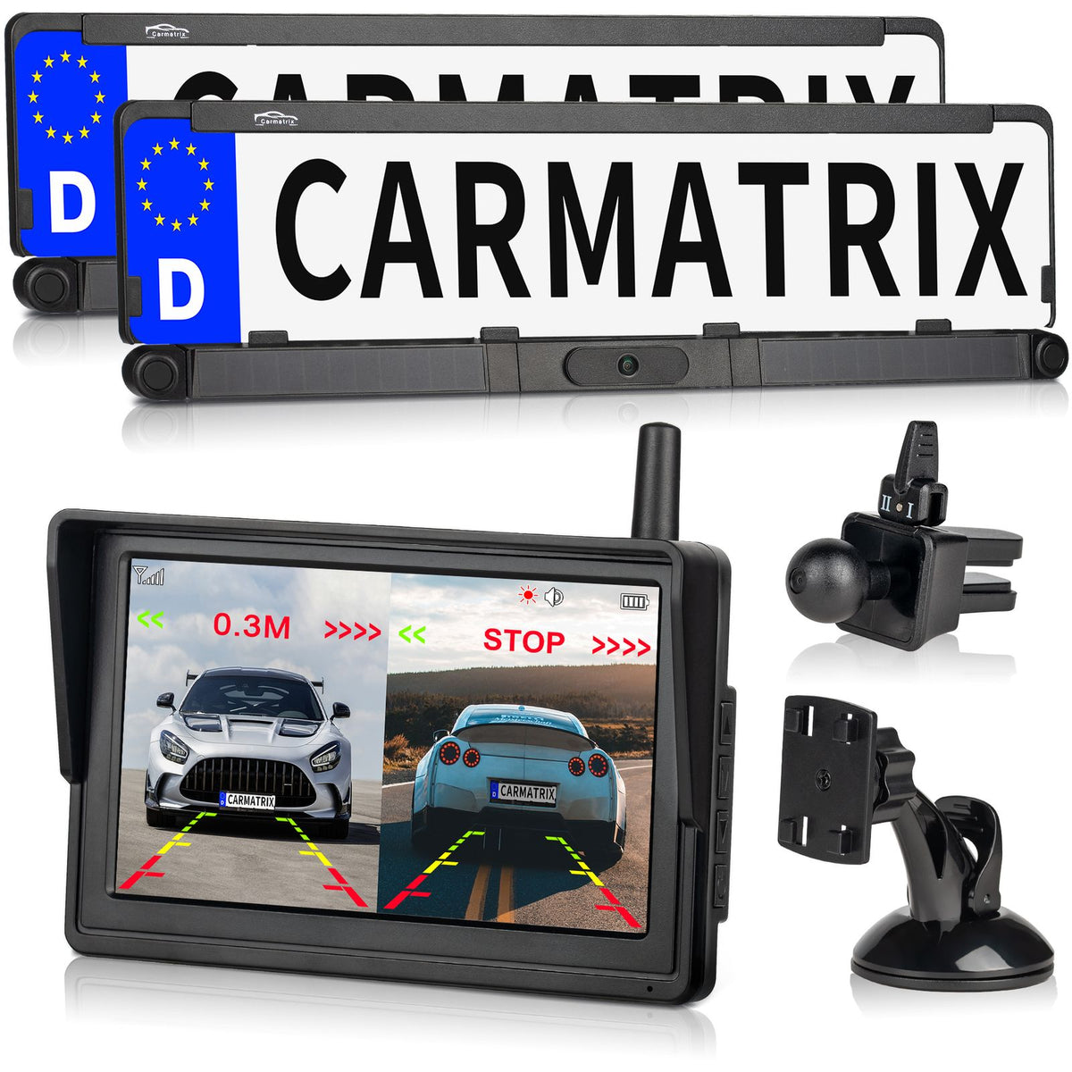 CARMATRIX Solar Reversing System HD Rear View Camera in License Plate with Parking Sensors for Front and Rear