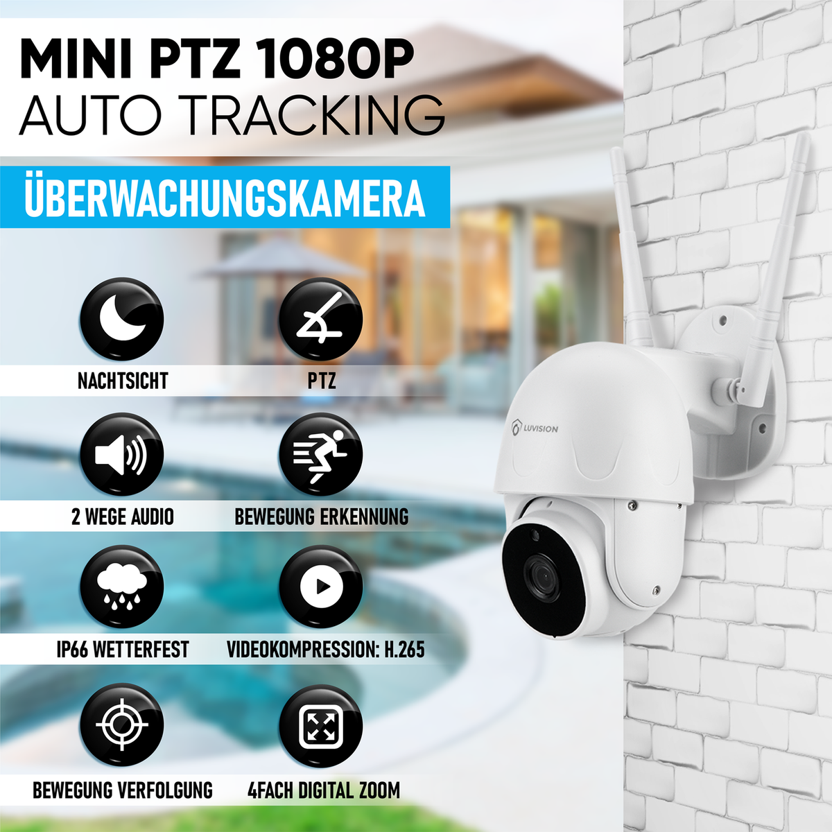 LUVISION WLAN Auto Tracking PTZ Rotatable Security Camera Zoom with Automatic Motion Tracking Tuya App Hidden Night Vision
