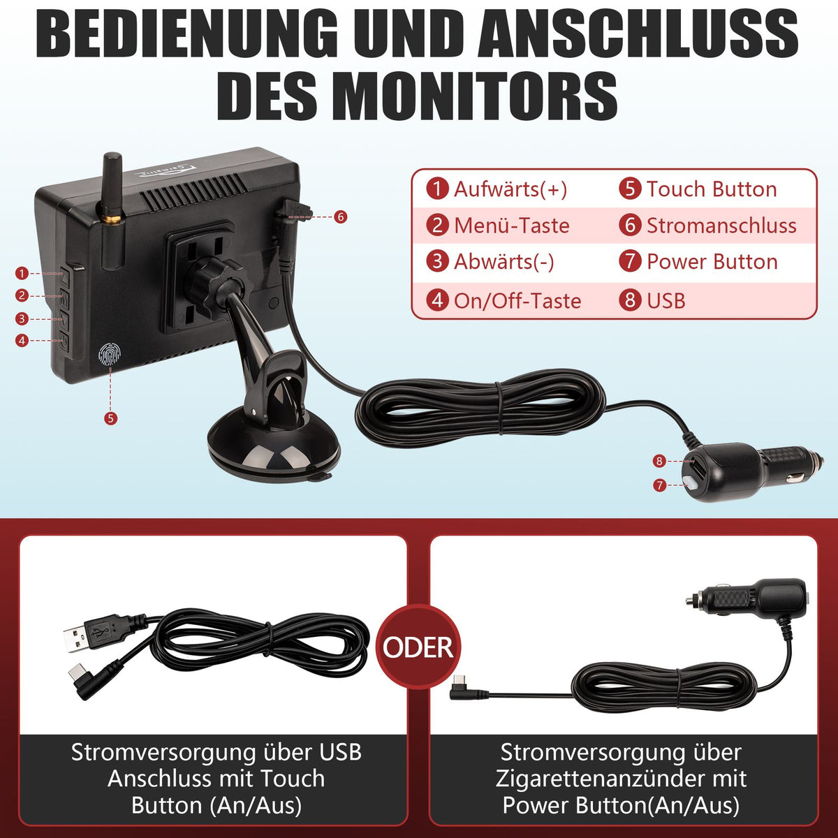 CARMATRIX HD Funk Rückfahrsystem mit 5" Monitor Kennzeichenhalter PDC Einparksensoren