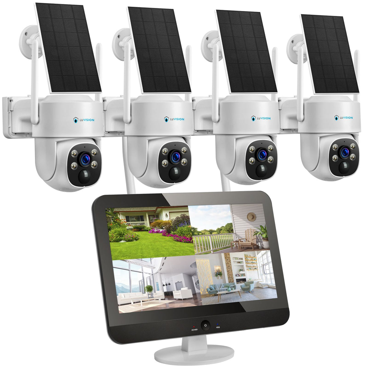 LUVISION Dual WiFi PTZ Surveillance System with LED Monitor, 4MP Solar PTZ Surveillance Camera, Microphone, Siren, Smart Night Vision
