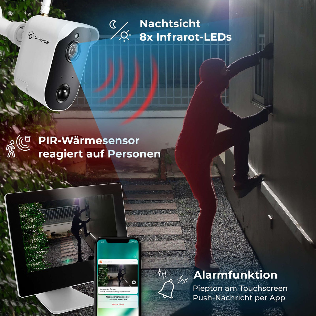 LUVISION Funk Video-Überwachungssystem Alarm 1080p Funk-Kamera mit Solarpanel PIR Mikrofon  (Versandrückläufer)